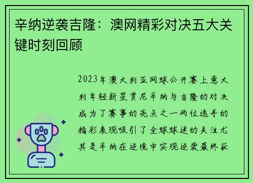 辛纳逆袭吉隆：澳网精彩对决五大关键时刻回顾